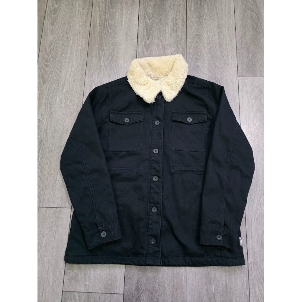 Hang Ten Jacket Women L Black w Ivory Fleece Button Up Front Pockets Utility
